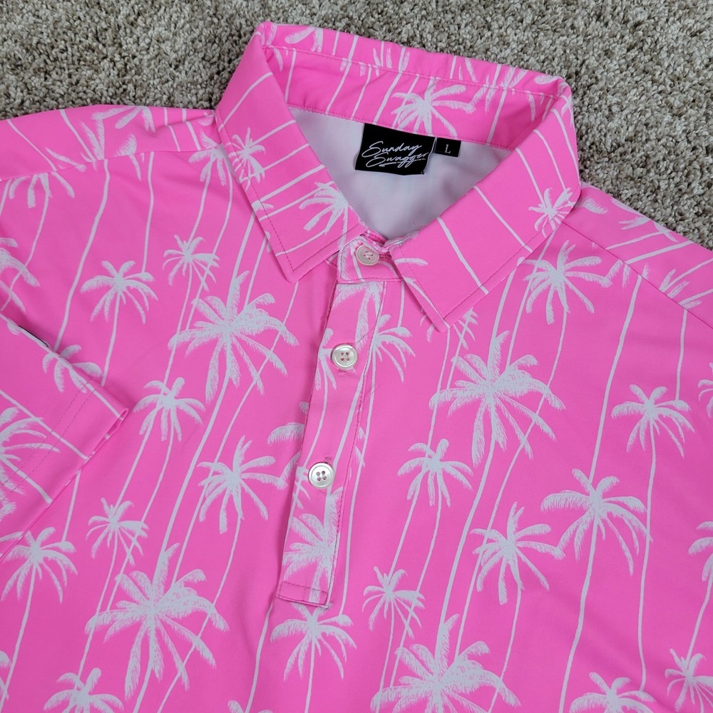 Sunday Swagger Mens Large Pink White AOP Floral Performance Stretch Golf Polo